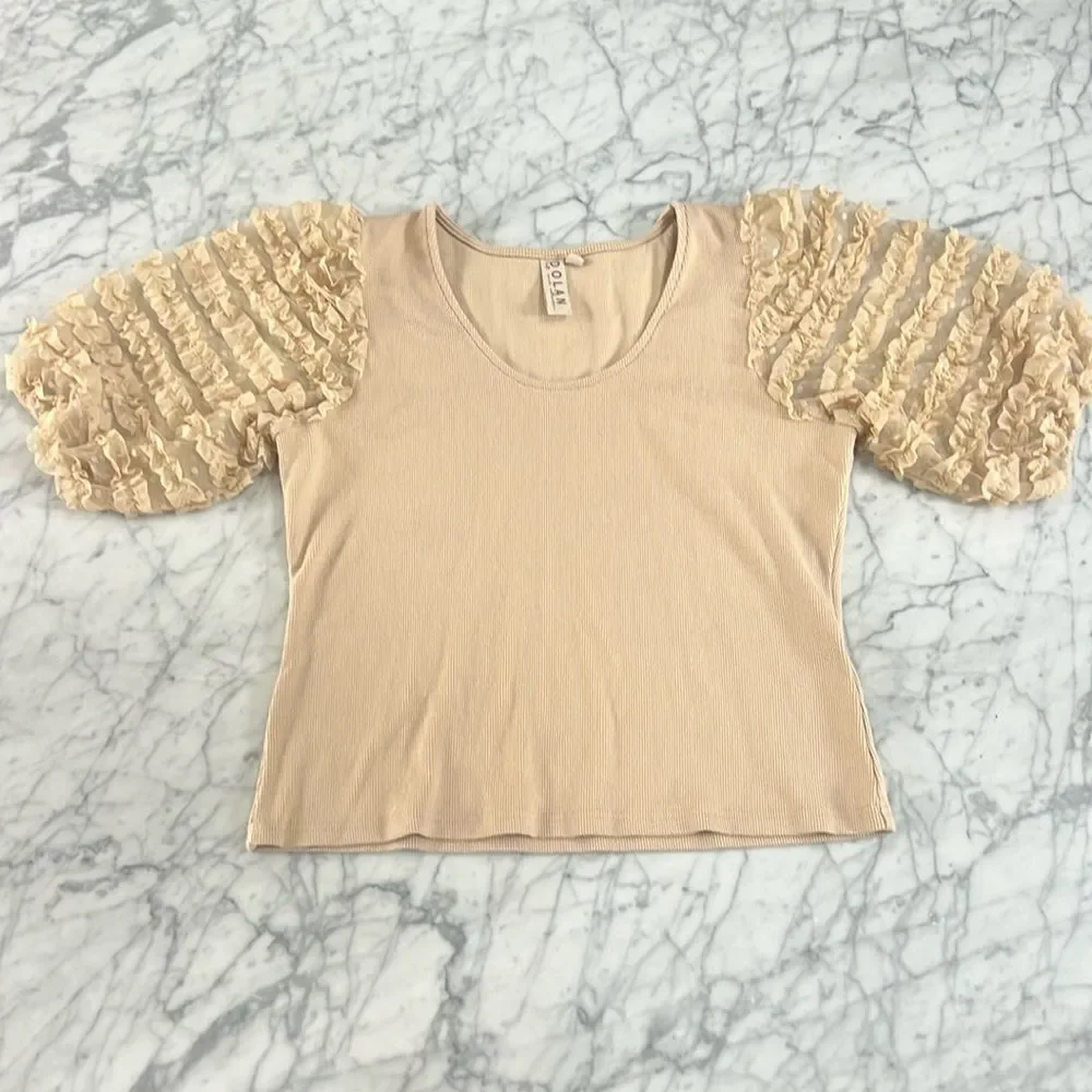 Anthropologie Dolan Top Knitted Puff Sleeve Pullover Beige Sz XL